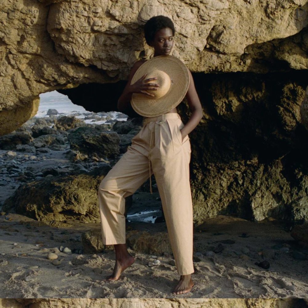 Doen Sand-Tone High-Waist Pleated Trousers
